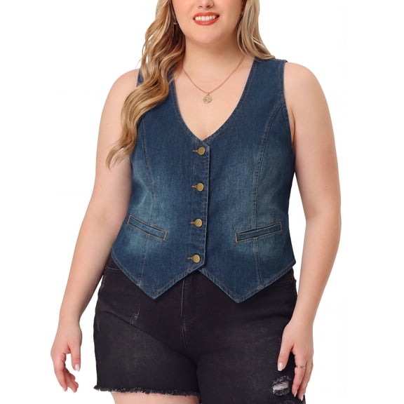 DARING DIVA Women's Plus Size Button Down V Neck Sleeveless Jean Waistcoat 1X Blue