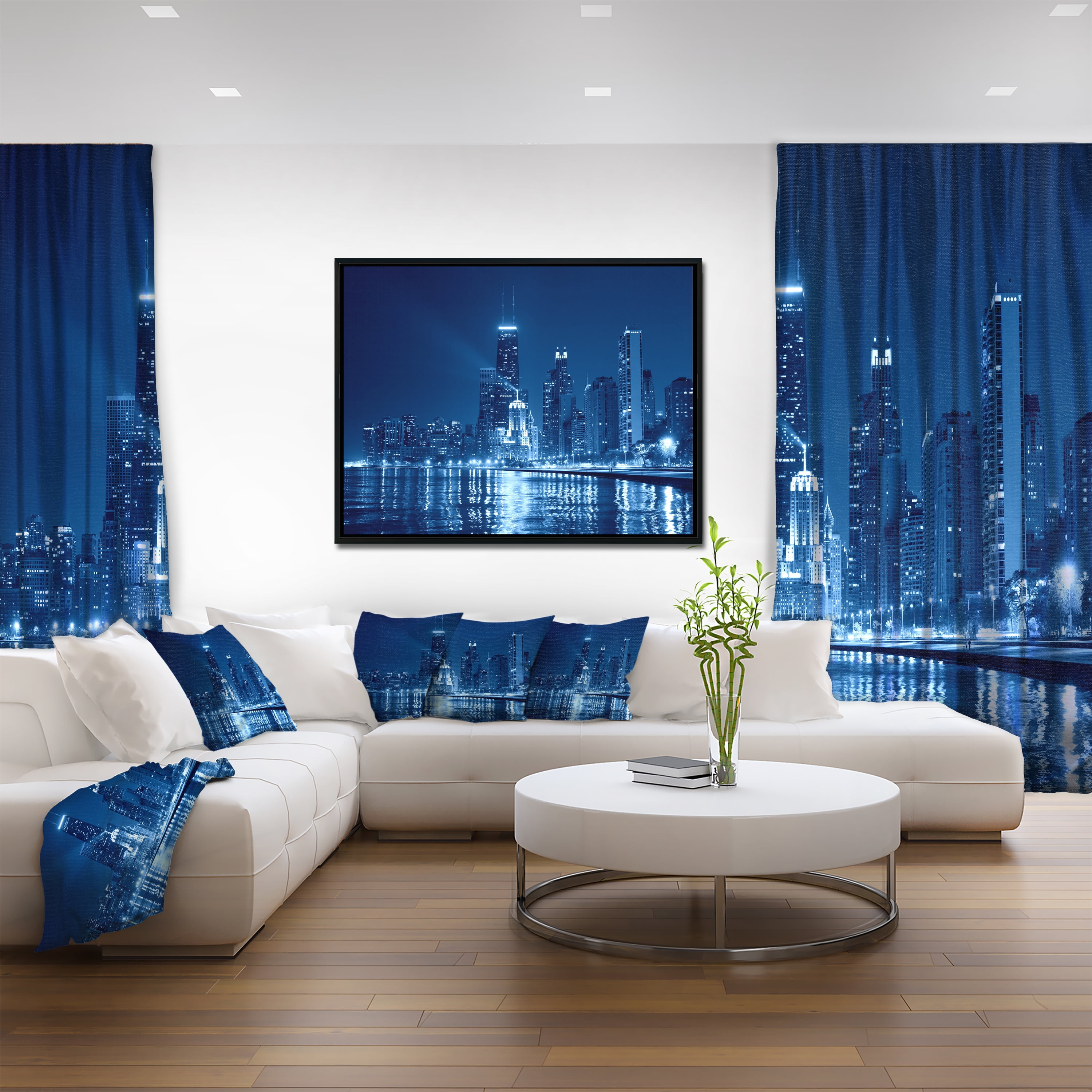 Design Art Nuit De Chicago Bleu  Sur Toile Encadrée