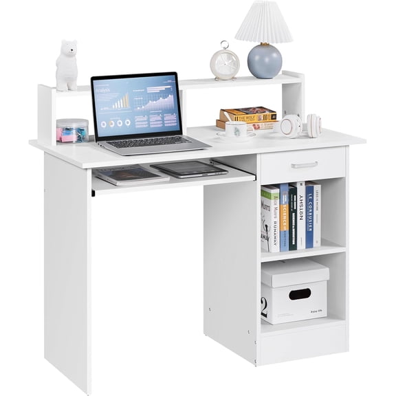 White Multifunctional Computer Desk with Keyboard Tray and Storage Shelves – Home Study Desk