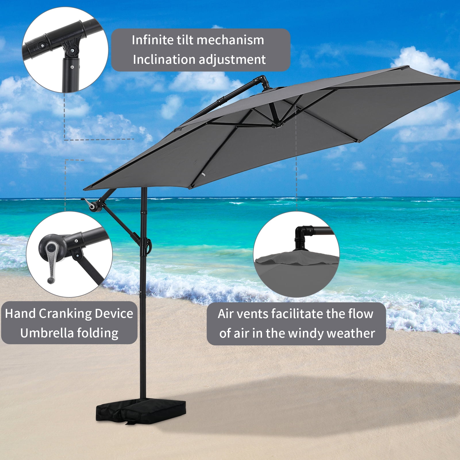 Autlaycil 10FT Cantilever Patio Umbrella, Hanging Offset Umbrella with Umbrella Stand - Gray