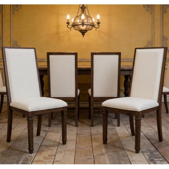 WAMPAT Set of 4 Vintage Mid-Century Dining Chairs, Solid Wood Frame, Beige Fabric, Thick Padded Seat, High Back, Farmhouse Rustic, Dark Walnut Brown