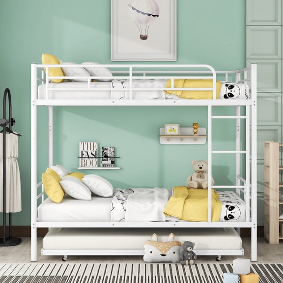 Full Over Full Bunk Bed Frame with Trundle and Able to Split , Modern Metal Bunk Bed with Safety Guardrails and Ladder for Bedroom, Apartment, Dorm, Guest Room, Easy Assembly, Mattress Not Included,
