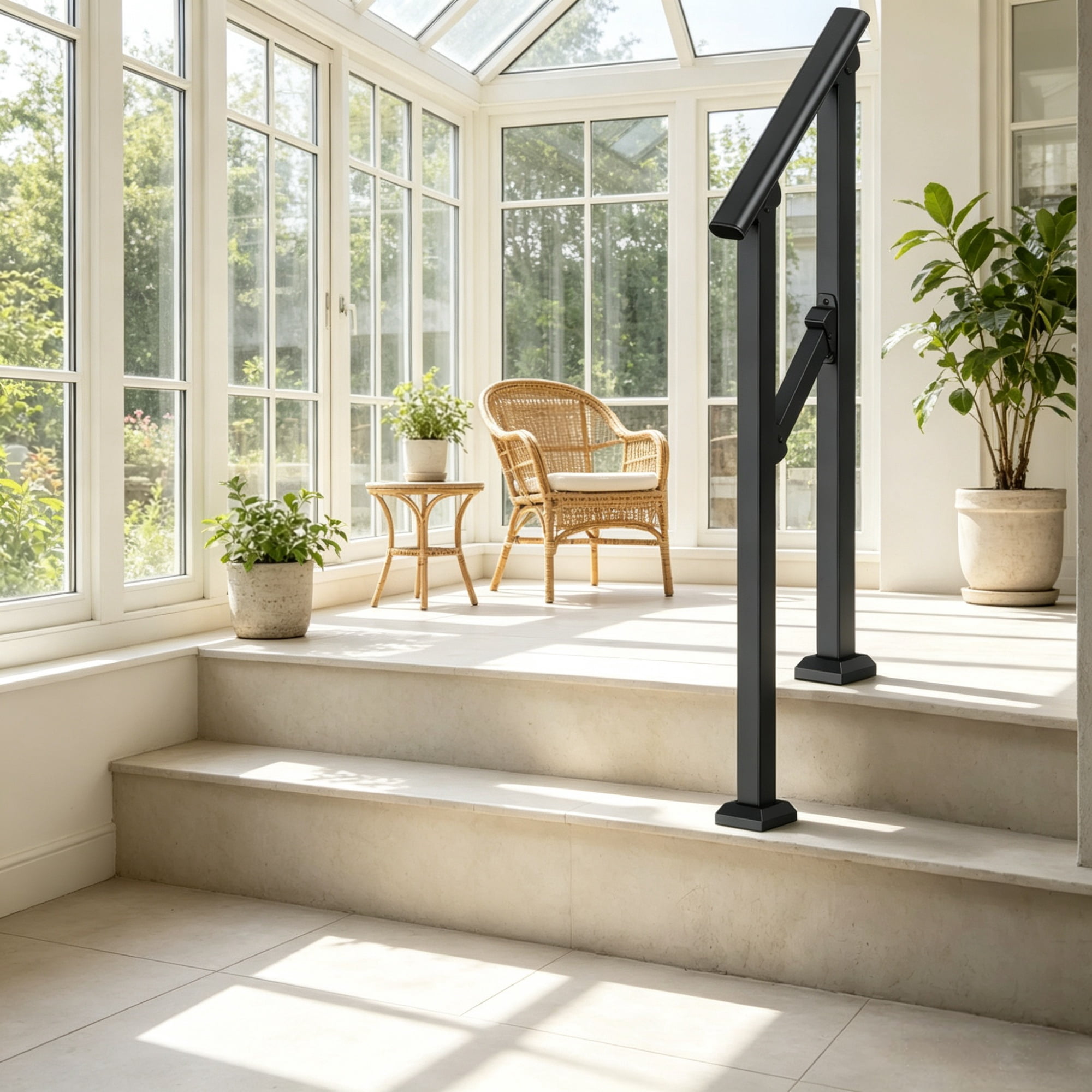 1-2 Step Stair Handrail Kit for Outdoor Steps, Black Square Tube Design, Stair Rails for Seniors, Concrete Steps, Porch & Deck