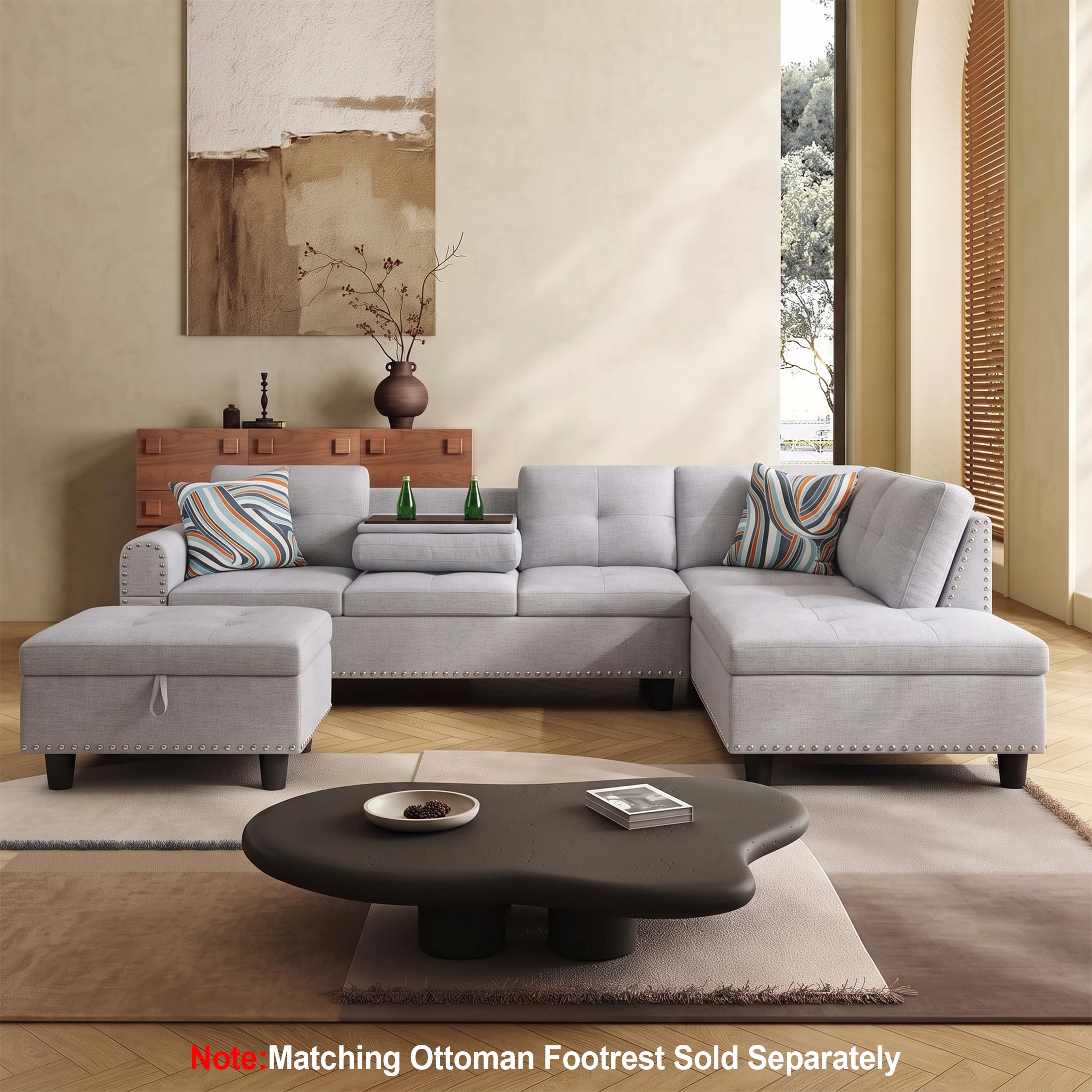 AENKYO 98" L-Shaped Sectional Sofa with Reversible Chaise and Cup Holders, Flannel, Light Gray