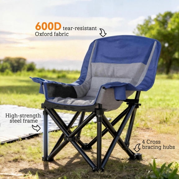 Resenkos Blue and Gray Portable Folding Camping Chair for Adults, Side Pockets, Cup Holders and Carry Bag