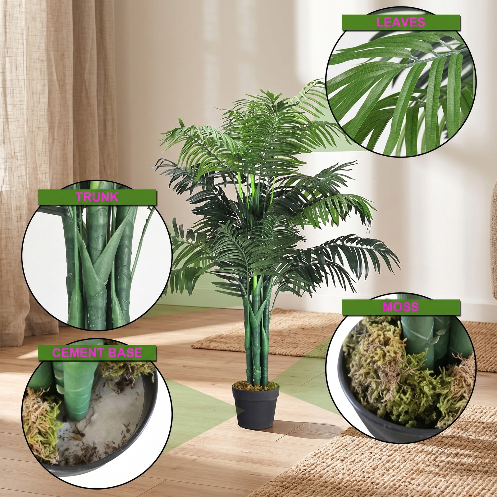 ALPULON 3.5 Feet Artificial Areca Palm Tree, Faux Silk Palm Plant with Basket Pot, 43 Inch Tall Fake Tropical Tree for Home Office Living Room Indoor Decor, Green
