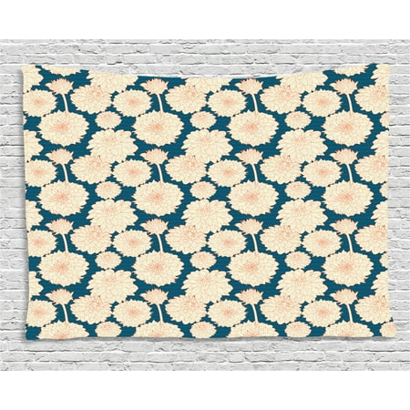 Shabby Japan - Aster Tapestry, Romantic Flowers Summer Fashion Petals Shabby Ornamental Japanese Style, Wall Hanging for Bedroom Living Room Dorm Decor, 60W X 40L Inches, Cream Dark Teal Rust, by Ambesonne