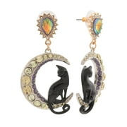 Betsey Johnson Black Cat Crescent Moon Drop Earrings, Crystal Accents, Two-Tone Design