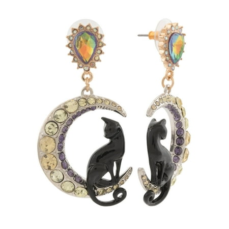 Betsey Johnson Black Cat Crescent Moon Drop Earrings, Crystal Accents, Two-Tone Design