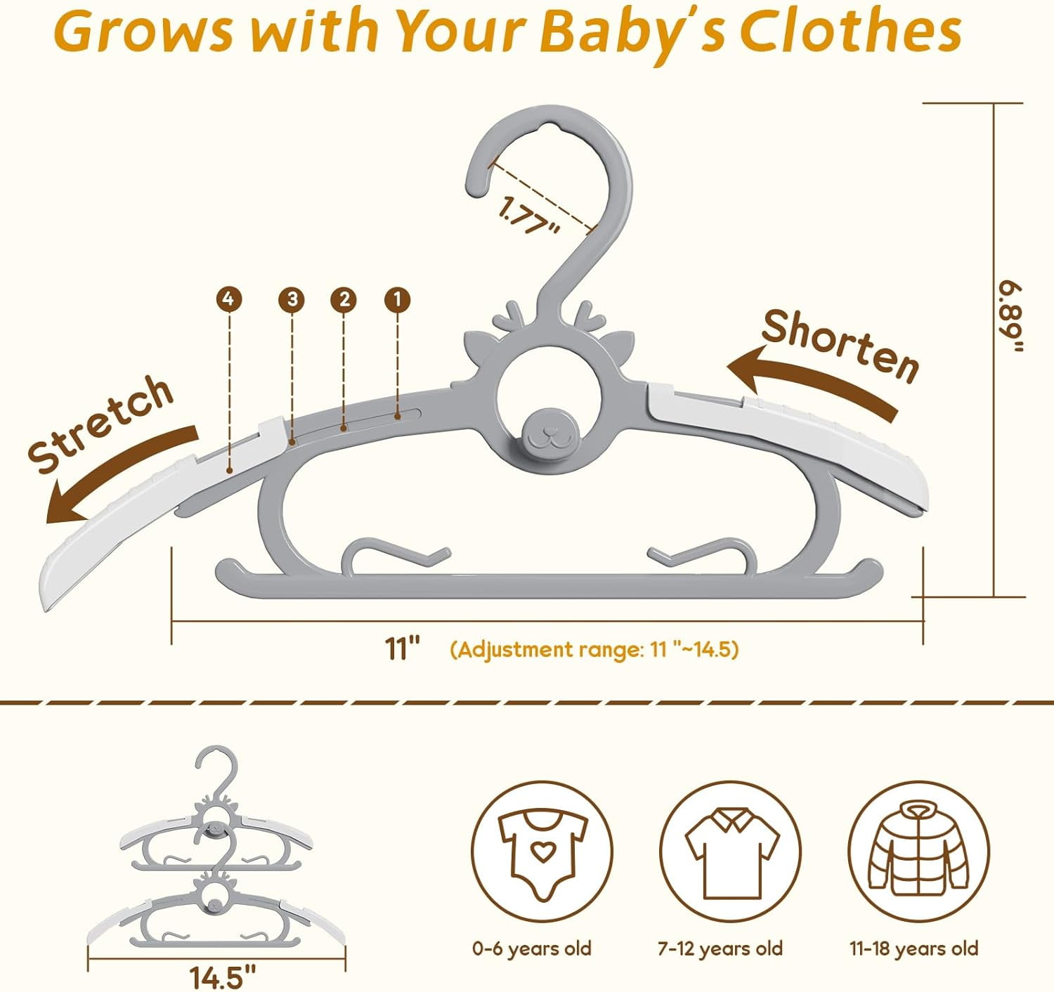 Toddler Hangers 60PCS, 11"-14" Extendable and Stackable Baby Hangers, 45g Ultra-Thick Space Saving Non-Slip Plastic Hanger for Infant, Kids and Nursery Closet