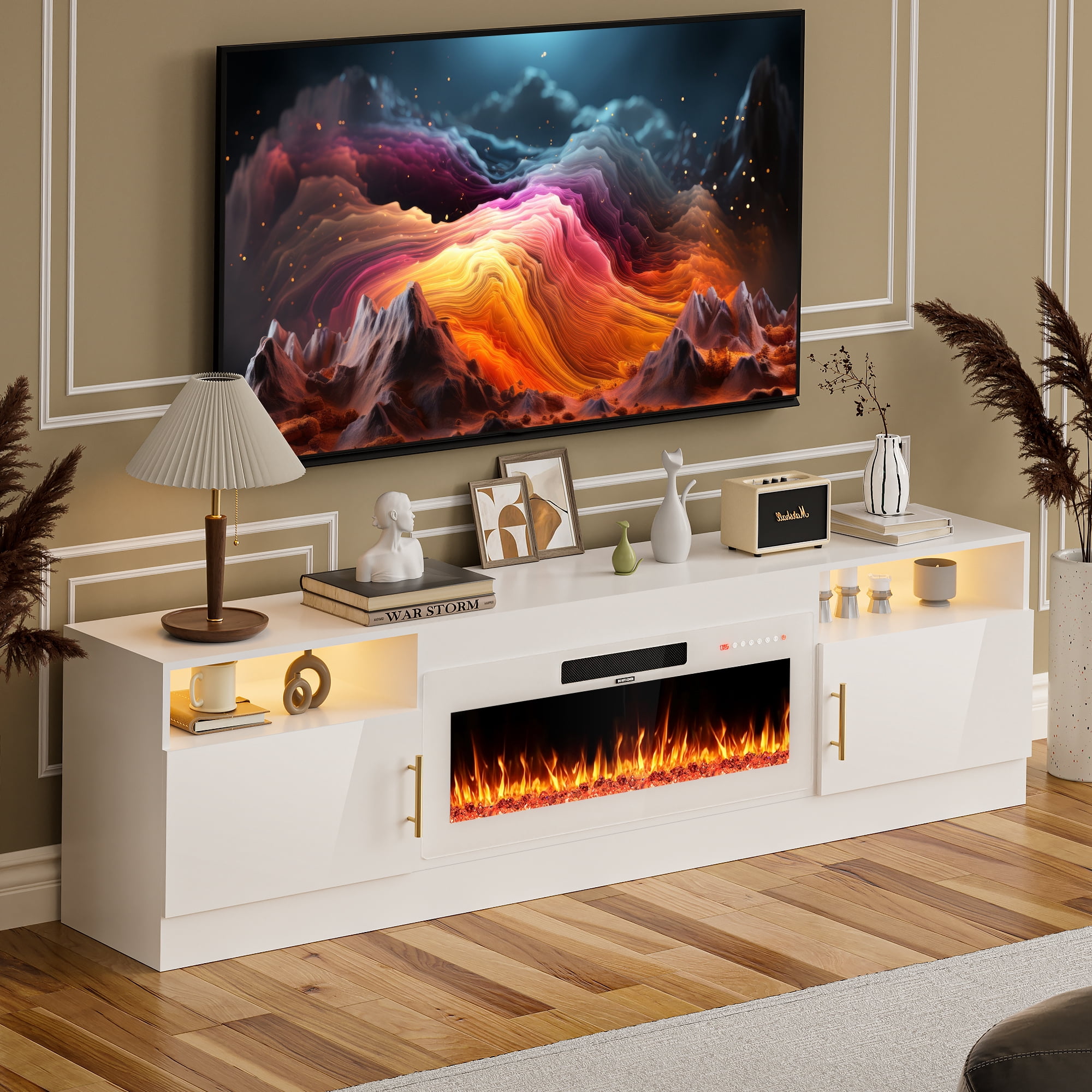 HARIPUL 80” TV Stand with 36" Electric Fireplace for TVs Up to 90 inch, LED Light Entertainment Center with High Gloss Door, Modern Media Console Cabinet for Living Room