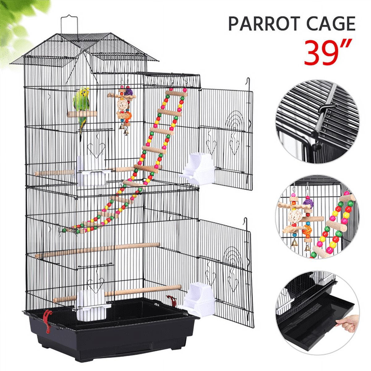 Alden Design 39" Metal Large Roof Top Parrot Cage, Black