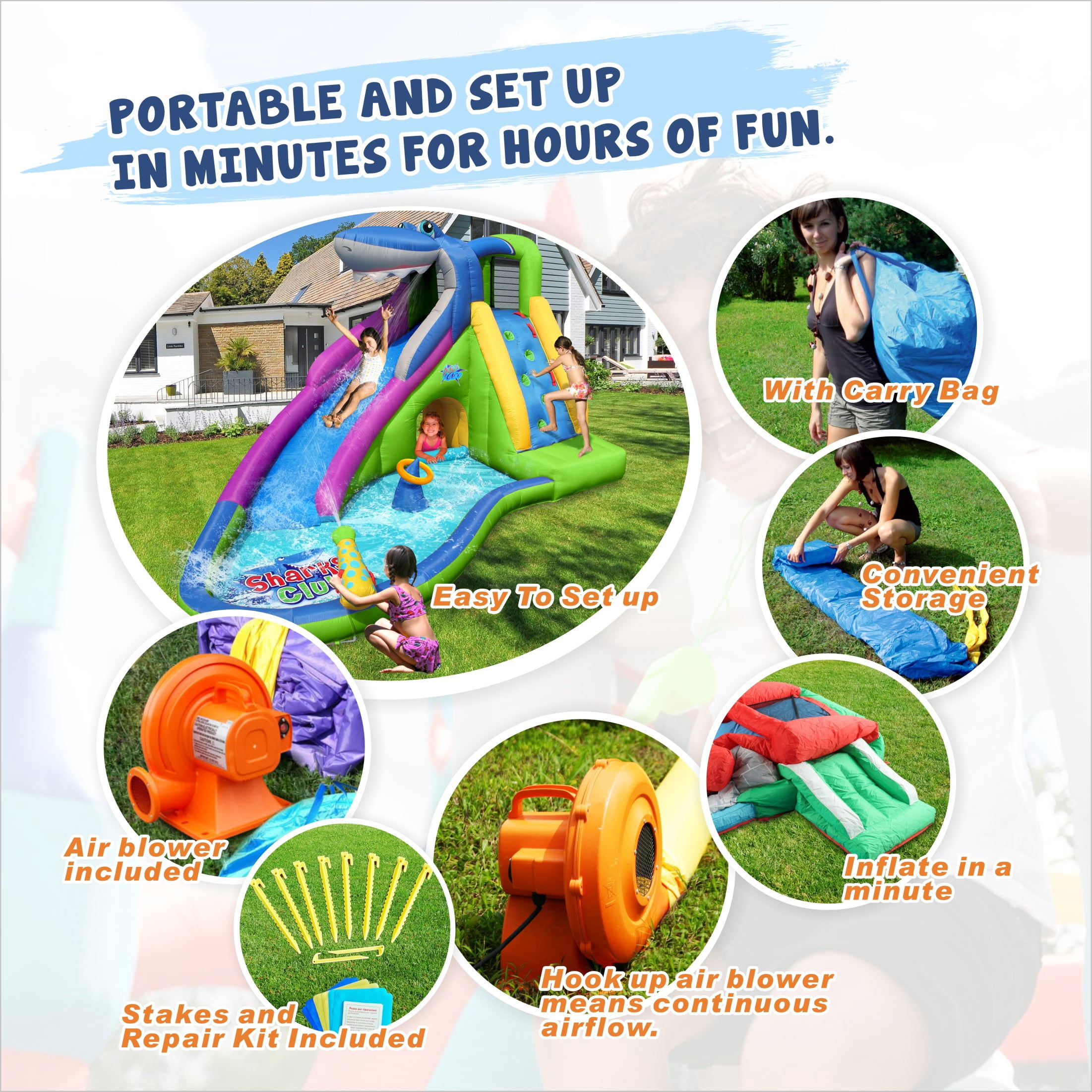 ACTION AIR Inflatable Water Slide, 15' Shark Bounce House with Water Gun and Splash Pool