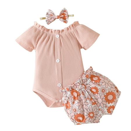 

Girls Short Sleeve Ribbed Romper Bodysuit Floral Printed Shorts Headbands Outfits For 9-12 Months