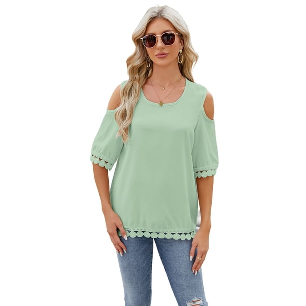 Blusa de Verano de Corta con Hombros Descubiertos y Encaje Acampanado para Mujer Judías M