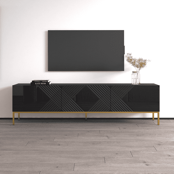 Exito 01 TV Stand for TVs up to 85", Mid-Century Modern High Gloss 75" Entertainment Center, TV Media Console with Storage Cabinets
