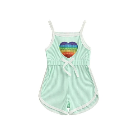 Qmyliery Girls Casual Sleeveless Square Collar Push Bubbles Heart Shaped Print Playsuit