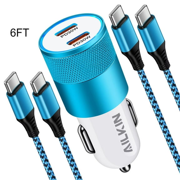 Usb C Car Charger Fast Charging,AILKIN PD 60W Dual Usb Car Charger Adapter for Android Type C Car Charger Cigarette Lighter Adapter Socket with 2PACK Type C Charging Cable 6ft,Blue