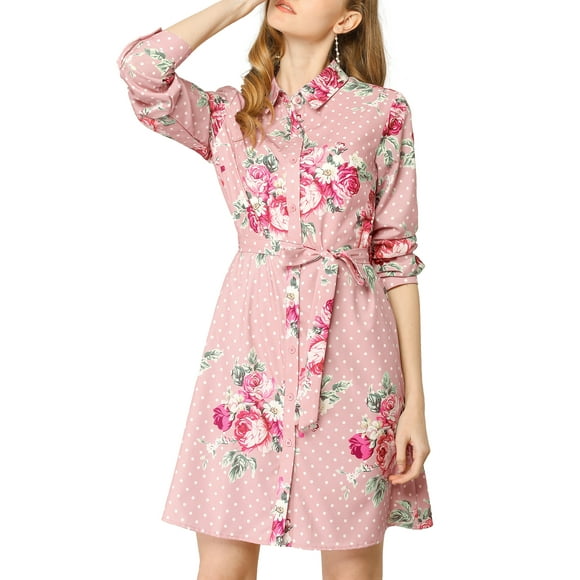 Allegra K Robe-Chemise à Fleurs pour Femme à Revers, Boutonnée, Ceinturée, m Rose