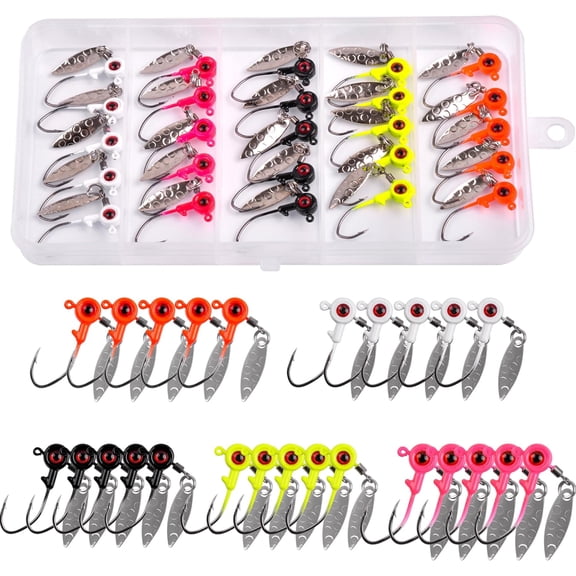 Crappie Jig Heads Fishing Hooks Kit,25pcs Underspin Lures Jig Head with Spinner Blade Eye Ball Painted Fishing Jigs for Bass Trout Saltwater Freshwater 1/16oz 1/8oz 3/16oz