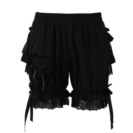 Womens Vintage Victorian Pumpkin Shorts Gothic Pantaloons Costume Elastic Waist Layered Ruffle Lace Trim Loose Bloomers Shorts