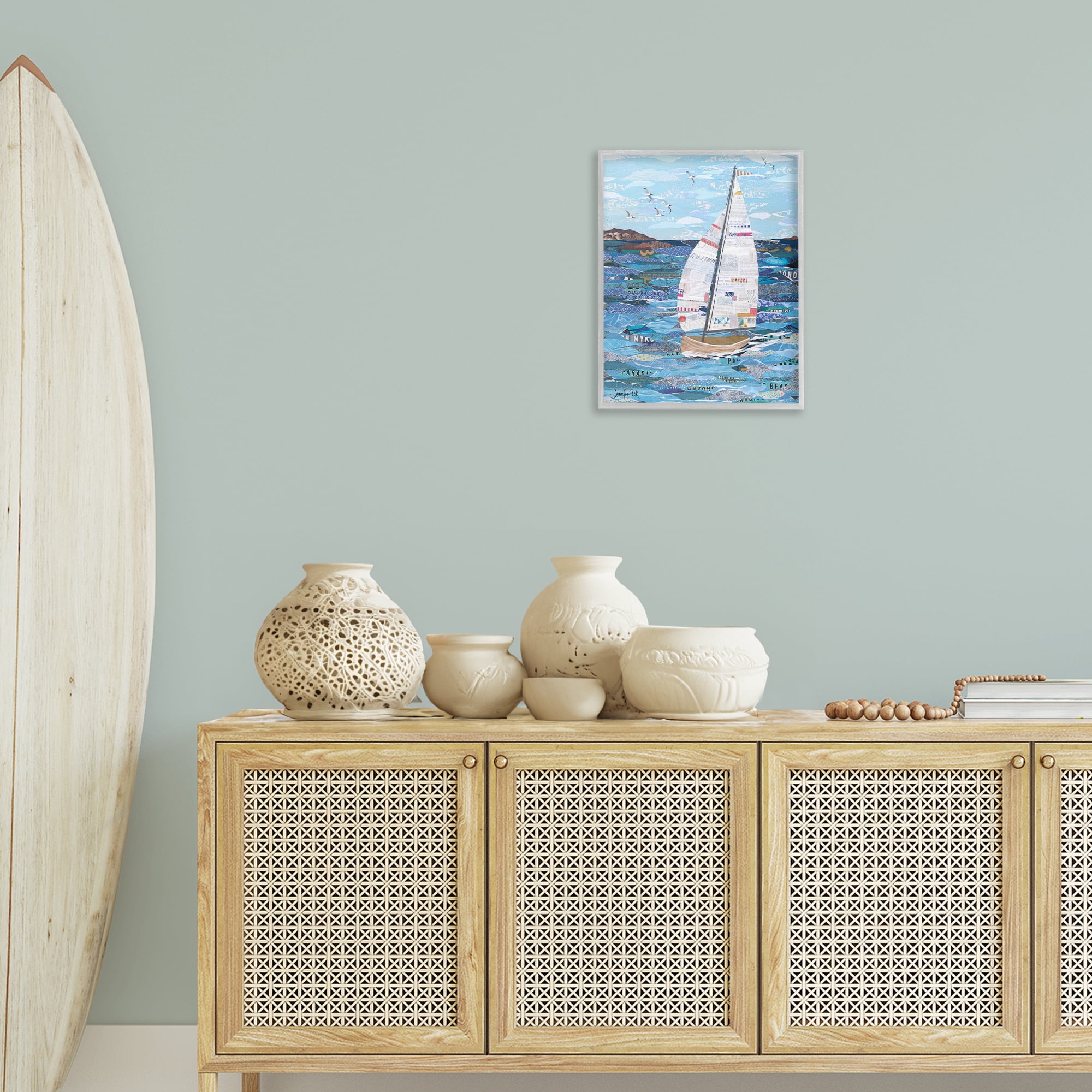 Stupell Industries Collaged Sailboat Scene Transportation Painting Gray Framed Art Print Wall Art, 16 x 20