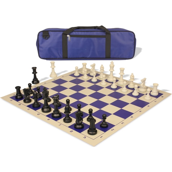 Standard Club Carry-All Plastic Chess Set Black & Ivory Pieces with Vinyl Rollup Board - Blue