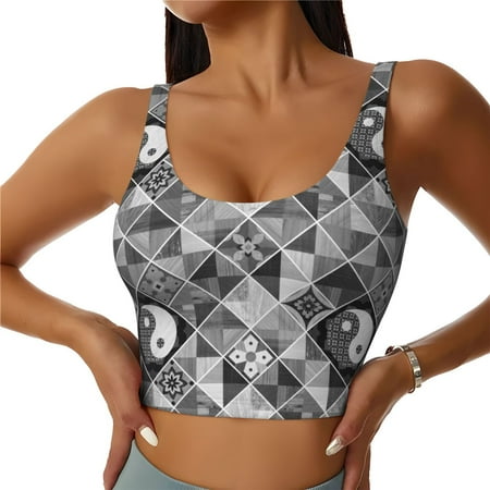 Qokaie Yin Yang With Black And White Pattern Womens Scoop Neck Sports Bra Breathable Workout Vest Padded U Back Medium Impact Fitness Gym Yoga Bra Workout Crop Top-Large