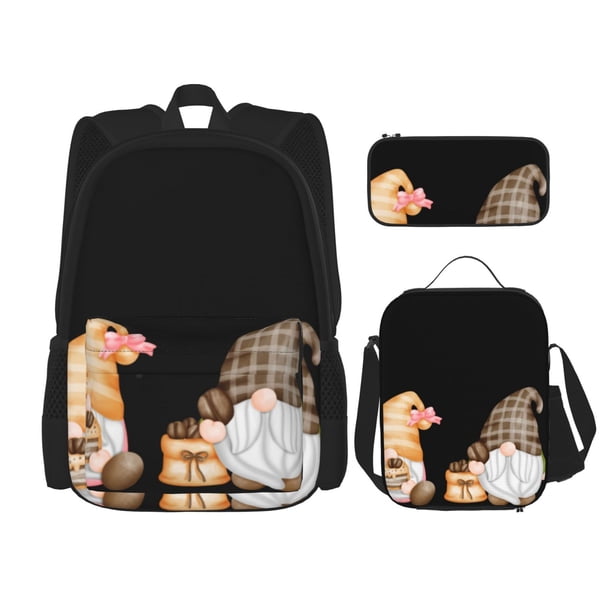 Easygdp Coffee Gnome (2) Mochila para Niños y Niñas con Set de Caja de Almuerzo y Estuche para Lápices 3 en 1, Mochila Escolar Estampada para Adolescentes