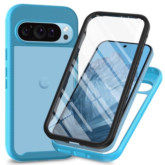 Google Pixel 9 / 9 Pro Case with Built in Screen Protector,Dteck Full-Body Shockproof Rubber Hybrid Protection Case Crystal Clear PC Back Cover for Google Pixel 9 / 9 Pro,Blue