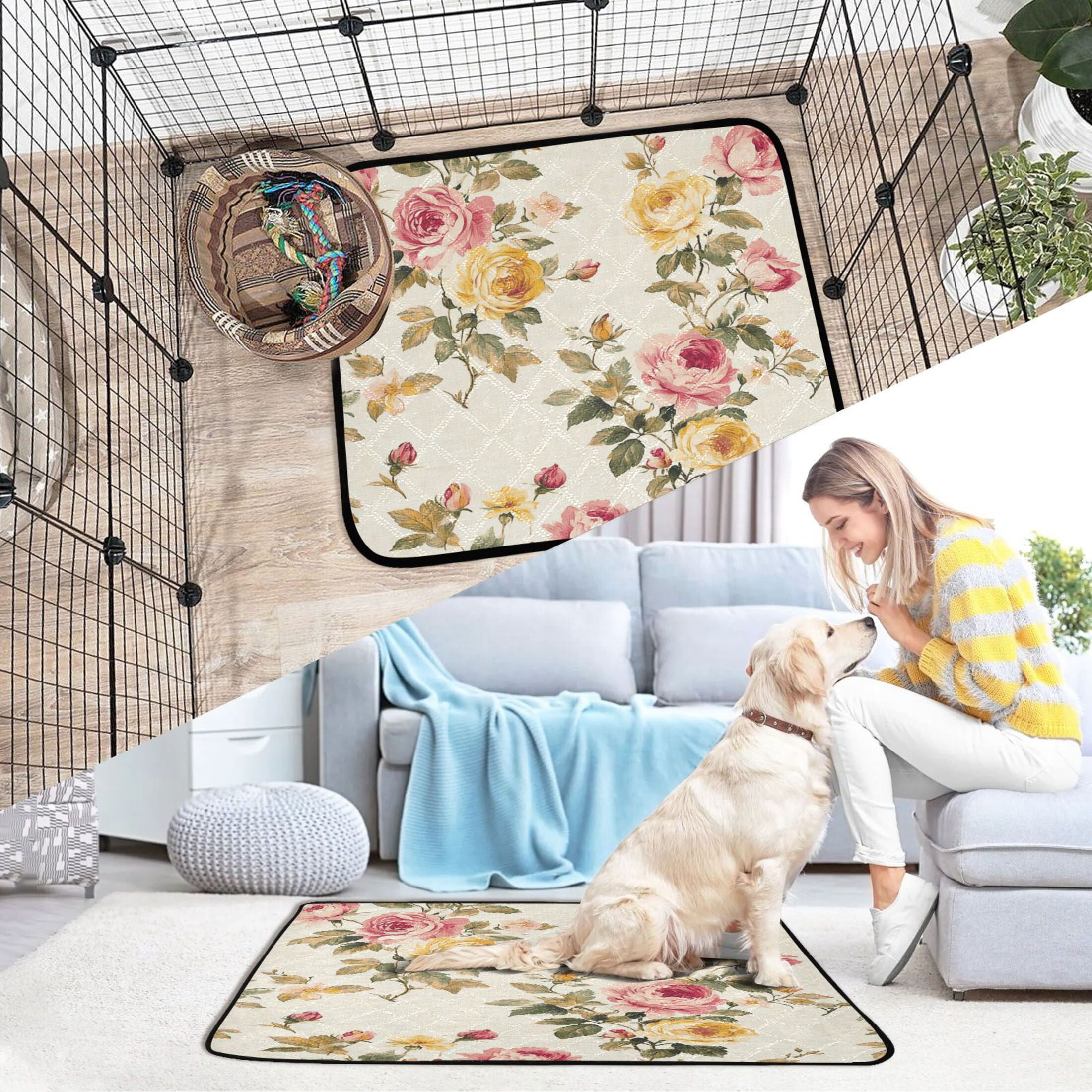 Qxltty Vintage Shabby Chic Floral Pattern with Roses Cat litter Pads Pet Set of 2 Diaper Mats Center Anti-leakage Layer Absorbent Soft and Comfortable