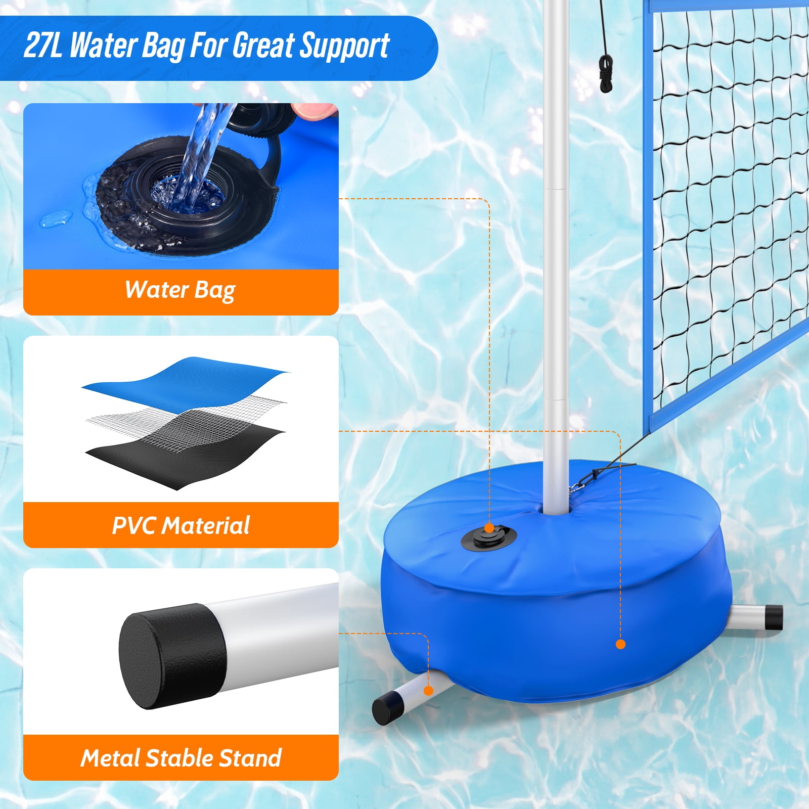 PATIASSY Pool Volleyball Net Set with Weighted Base Adjustable 15ft-32ft Length Portable Outdoor Volleyball Net System for Swimming Pools