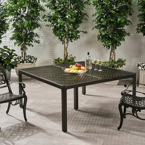 Outdoor Dining Table In Aluminum, 61.32" X 61.32", Gloss Black With Woven Accents, Rust , 8 Seats Balcony Patio Area Modern Aluminum Table, Square, Design, Veranda