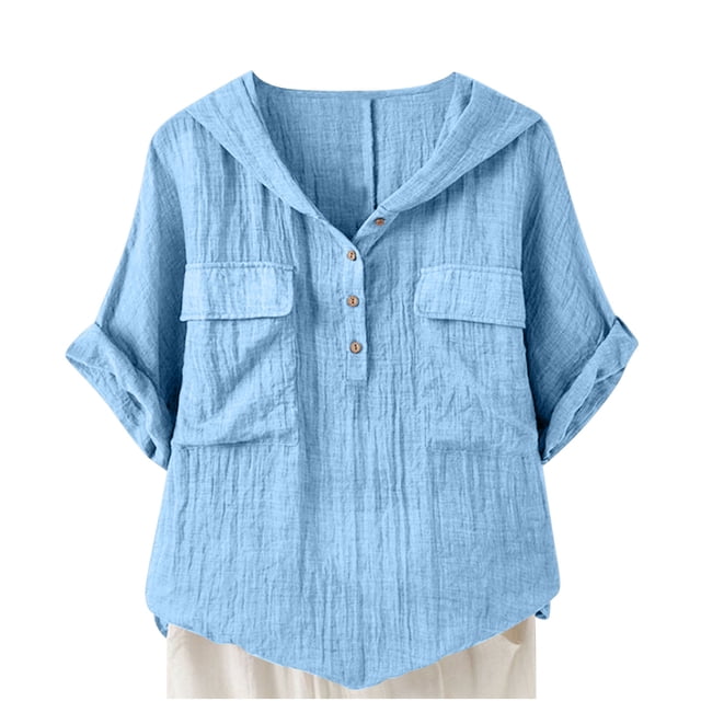 Vestidos Casuales Para Mujer, Blusas De Mujer De Moda Blusa de verano con capucha y cuello en V, manga corta, botones sueltos, de imitación de lino y lino, para mujer