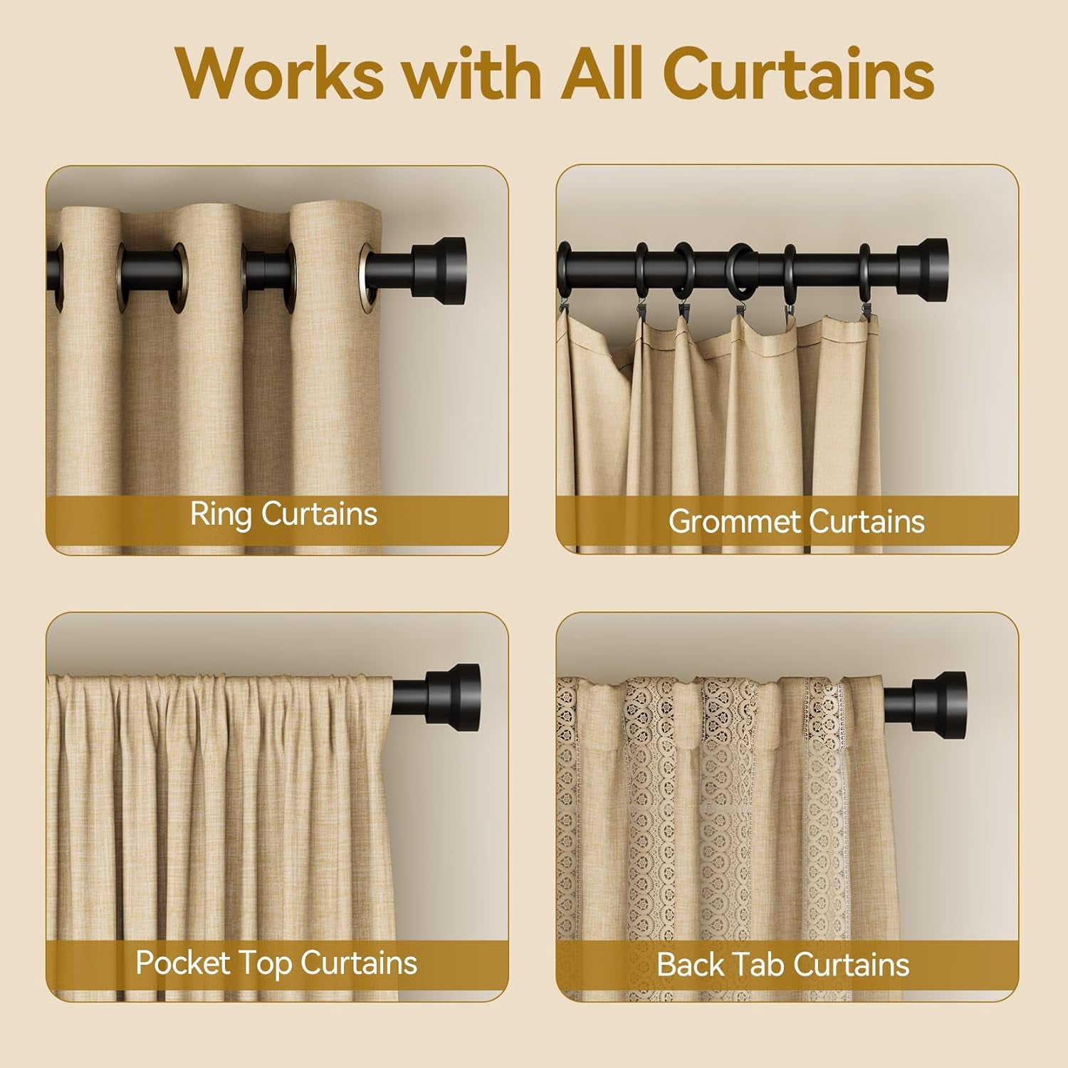Square 2-Pcs Curtain Rod 32-144 Inch, Heavy Duty 1 Inch Adjustable Curtain Rods for Windows, Black Extra Long Window Treatment Rods, Modern Design, Easy Installation