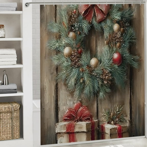 Christmas Shower Curtain, Vintage Christmas Wreath Shower Curtain with Hooks for Christmas Home Bathroom Decor Washable Curtains, 72x72 in