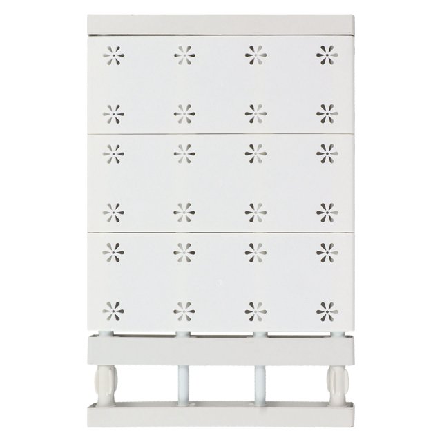 tablero de partición de guardarropa extensible true excellence panel divisorio ABS blanco de aprox. 24 cm de ancho, vista frontal centrada con tres módulos apilados perforados en patrón de flores y base extensible de barras de tensión; también adecuado para organizar separadores o accesorios ligeros dentro del clóset.