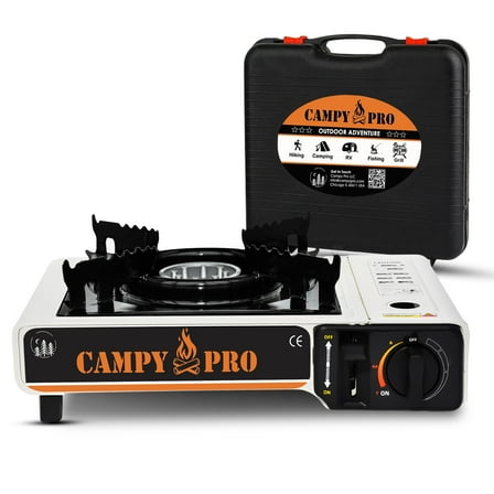 Campy Pro Portable Butane Gas Stove with Automatic Ignition and Carrying Case – Compact Camping Stove for Hiking, Outdoor Cooking, and Emergency Use