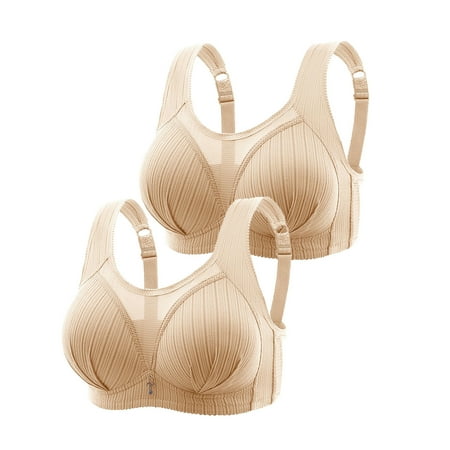 Crunowin Women s Plus Size Bra 2 Pack  Behind Buckle Wire Free Comfort Solid Color Breathable Lingerie Everyday Underwear Beige M