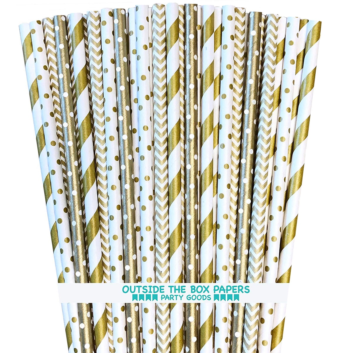 100 Gold Paper Straws -Stripe Chevron Dot