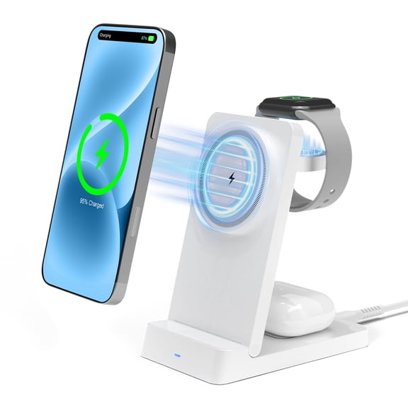 Magnetic Wireless Charger,3 in 1 Portable Charger Charging Station Compatible for iPhone 17 16e 16 15 14 13 12 11 X Pro Max & iWatch-Wireless Charging Dock for AirPods 4 3 Pro,White