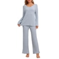thumbnail image 1 of INSPIRAR CHIC Conjunto de Pijamas de Mujer de Punto Acanalado con Cuello en V y Manga Larga con Pantalones Ropa de Dormir Casual Talla XL Azul, 1 of 6