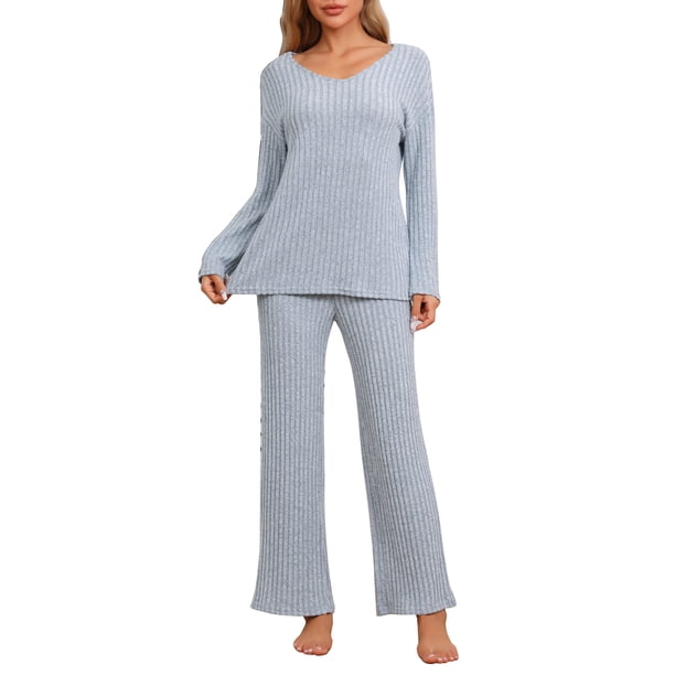 INSPIRAR CHIC Conjunto de Pijamas de Mujer de Punto Acanalado con Cuello en V y Manga Larga con Pantalones Ropa de Dormir Casual Talla XL Azul