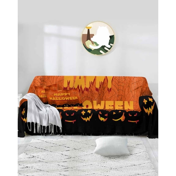 Halloween Sofa Covers for 3 Cushion Couch,Washable Sectional & L Shape Couch Covers for Dog/Cat/Kid,Fall Black Orange Ghost Pumpkins Horror Non Slip Sofa Slipcover Tassel Futon Cover 71''x150''