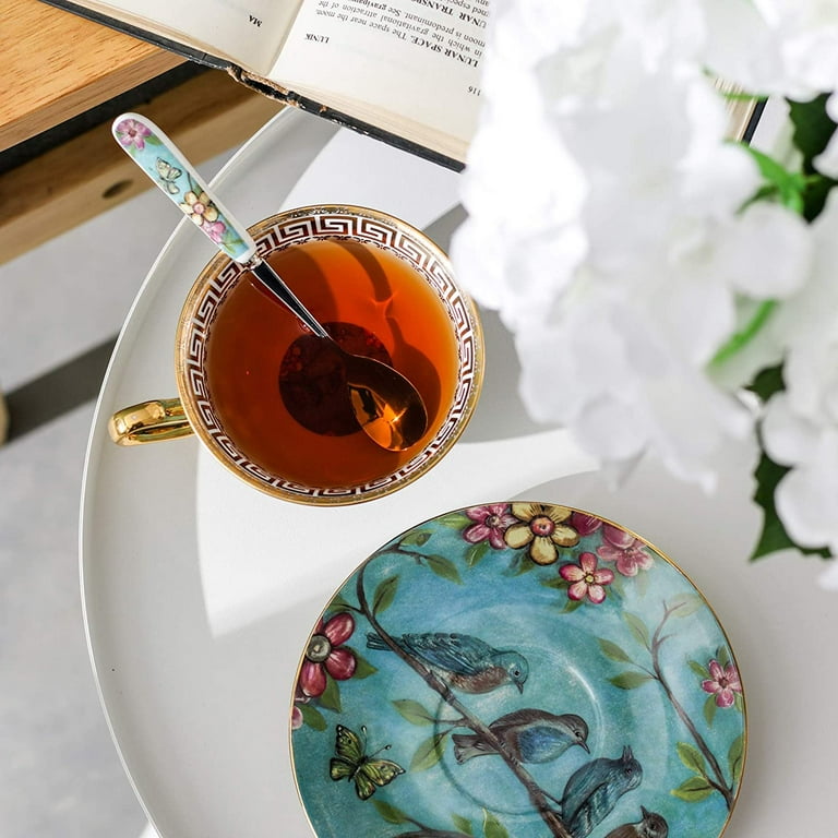 Panbado Cups & Saucers Sets with Spoons, Camellia Patterned Bone China  3-Pieces Set Ceramic Tea Coffee Cup Teacups Porcelain Floral Ceremic Mugs