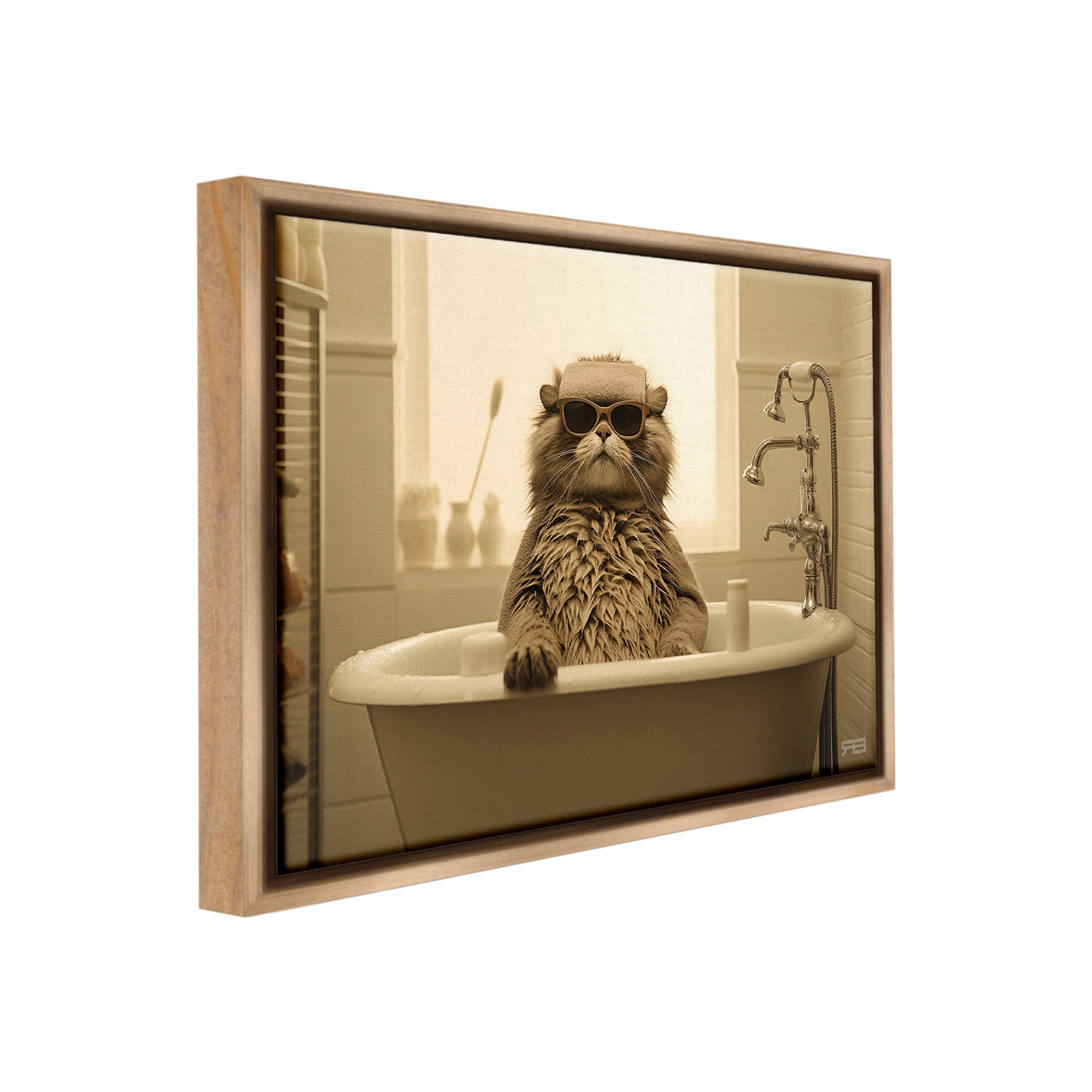 Stupell Industries Cool Cat in Bathtub Animals & Insects Painting Brown Floater Framed Canvas Art Print Wall Art, 31 x 25