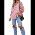 thumbnail image 2 of Blusa Estilo Boyfriend A Rayas con Puños Fruncidos para Mujer, Estilo Túnica Informal con Mangas con Volantes y Bolsillos, Rayas Rojas, Talla XL, 2 of 7
