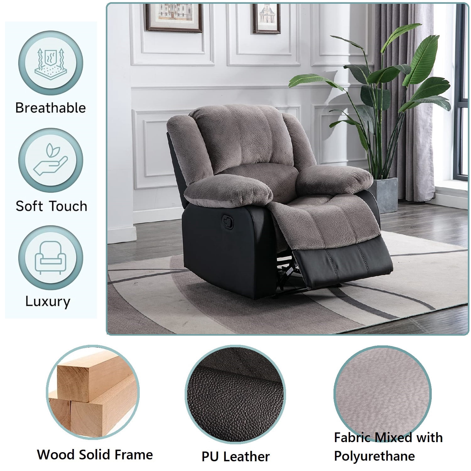 Nathaniel Home Manual Single Recliner Chair, PU Leather Upholstered Couch Sofa, Tufted Reclining Sofa, Plush Scoop Theater Seating, Lounge Chair for Living Room, Gray