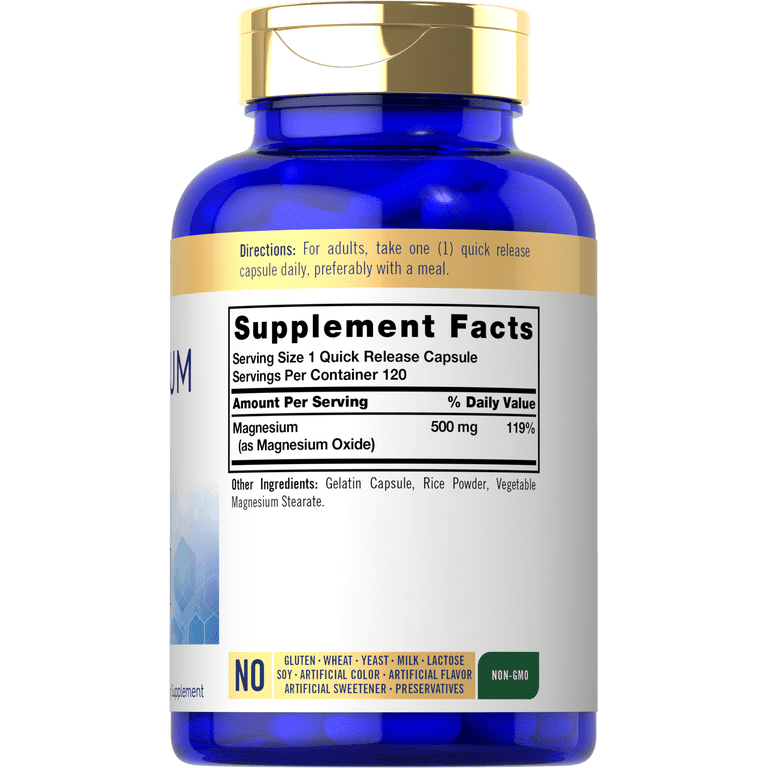 Magnesium Oxide 500mg | 120 Quick Release Capsules | Non-GMO and