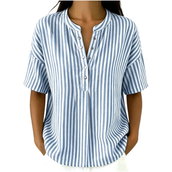 Womens Tops Elbow Length Sleeve Tshirts for Women Striped Printed Button Up Crew Neck Summer T-Shirts